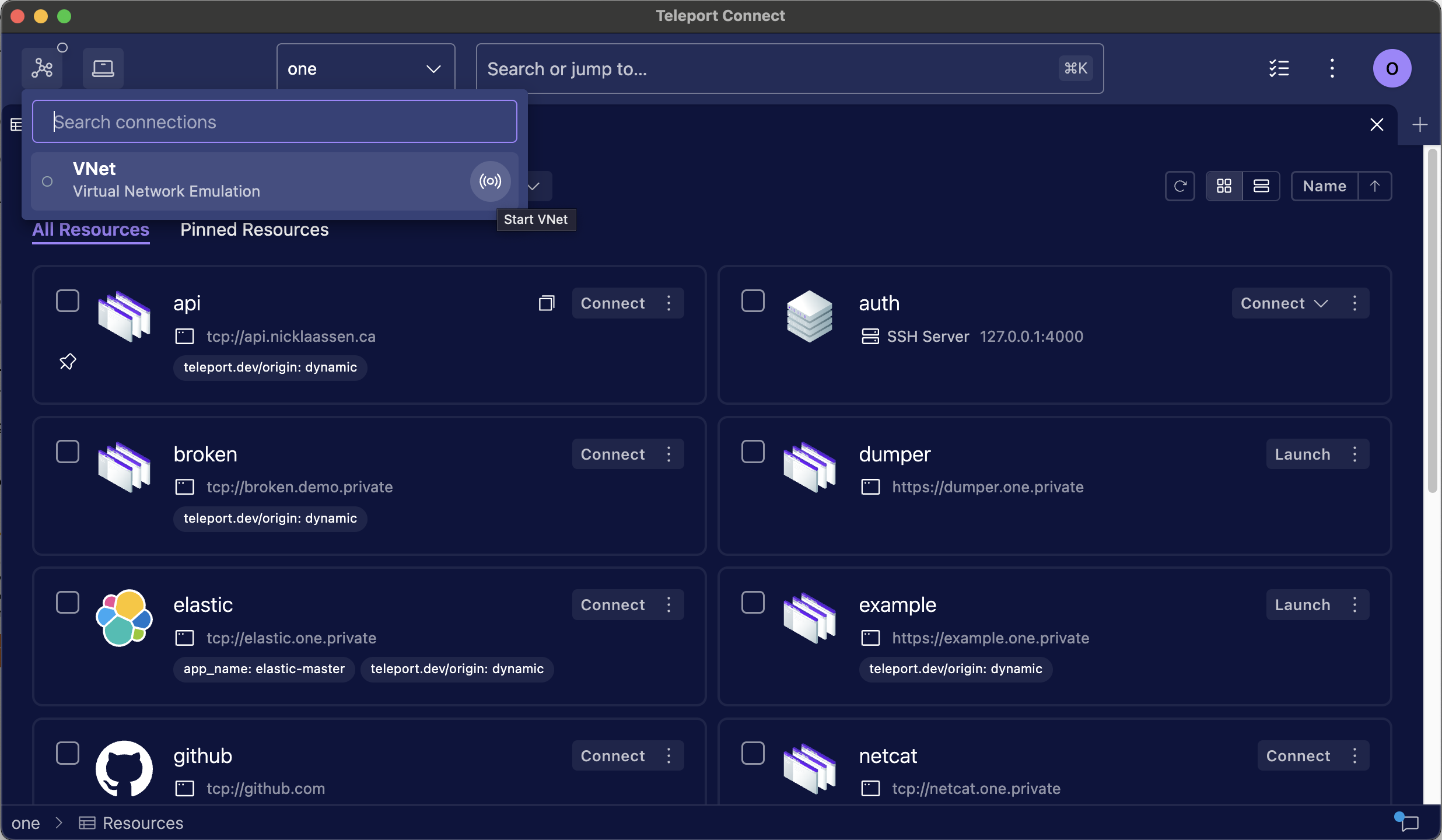 VNet shown in connection list