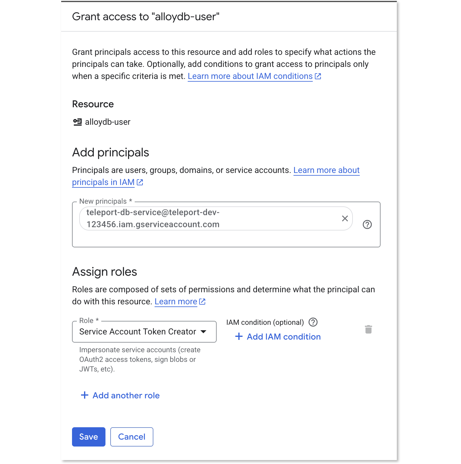 Grant Service Account Token Creator to Database Service